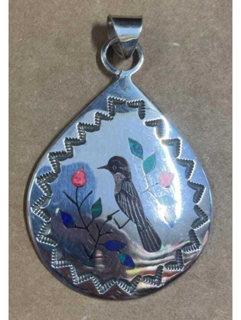 Zuni sterling silver turquoise multi stone traditional bird inlay pendant